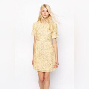 Needle & Thread lemon Floral Embroidered Mini Dress linear motif Gorgett